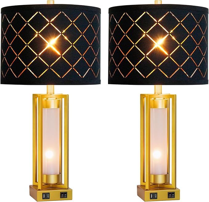 Set of 2 Modern Table Lamps for Living Room Bedroom with USB C+A, Rustic Nightstand Lamps with White Night Light, Black Grid Shade, Desk Lamps for Bedside End Tables, 4 Bulbs Included (Gold)