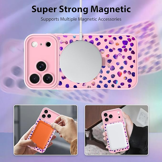 KANGHAR Compatible with iPhone 17 Pro Case, Support for MagSafe, Silicone Cute Iridescent Pattern Leopard Print Cheetah, Wristband Kickstand Shockproof Soft Slim Cover for Girls Women, Pink
