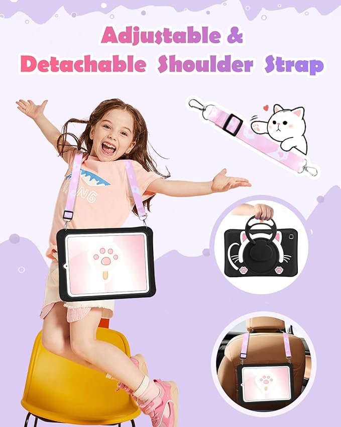 Wazzasoft for Samsung Galaxy Tab S6 Lite 10.4” Case Girls Cute Black Cat Cover Girly Kawaii Cartoon Women Kitten with Rotating Handle Stand & Strap Soft Silicon Funda for Samsung S6 Lite Tablet Cases