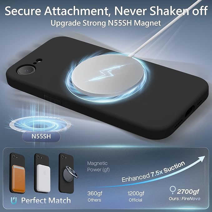 FireNova Magnetic for iPhone 17e Case/iPhone 16e Case, Compatible with MagSafe, [Silicone Camera Protection] Microfiber Lining Phone Case, 6.1", Black