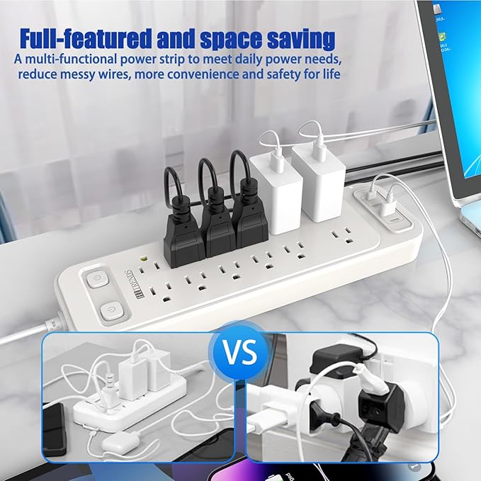 HITRENDS 12-Outlet Surge Protector Power Strip with 2 USB A + 2 USB C, 6FT Flat Plug Extension Cord, Dual Switches, Wide Spacing, 1250W/10A Multi Plug Outlet for Home Office Dormitory, White