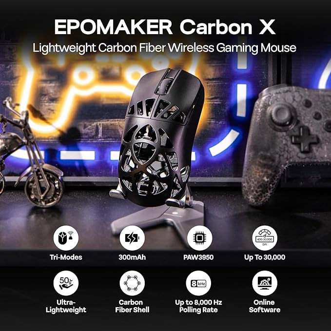 EPOMAKER Carbon X Wireless Gaming Mouse, 400 to 30,000 DPI Adjustable, PAW3950 Sensor, 50g Lightweight, Carbon Fiber Shell, 2.4G/BT/USB-C Rechargeable Wireless Mouse for PC/Mac/Linux (Matte Black)