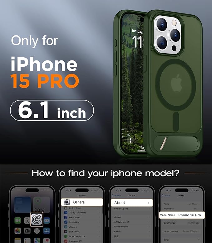Magnetic Compatible with iPhone 15 Pro Case, [Built-in Invisible Kickstand][Compatible with MagSafe][Military Grade Shockproof] Slim Translucent Matte Phone Case for iPhone 15 Pro 6.1"