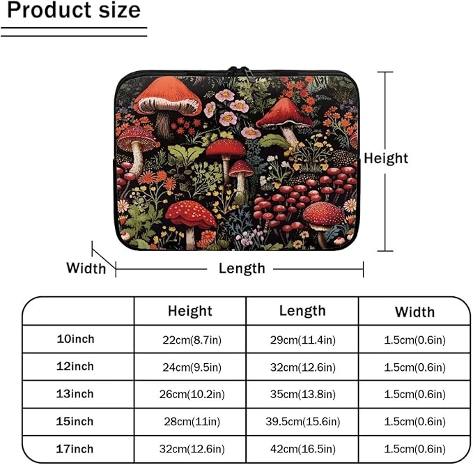 Mushroom Laptop Protective Sleeve for Women Men 12 inch Flower Computer Sleeve Neoprene Laptop Bag Lightweight Lap Top Case Suitable for Travel School Office Organizers Black
