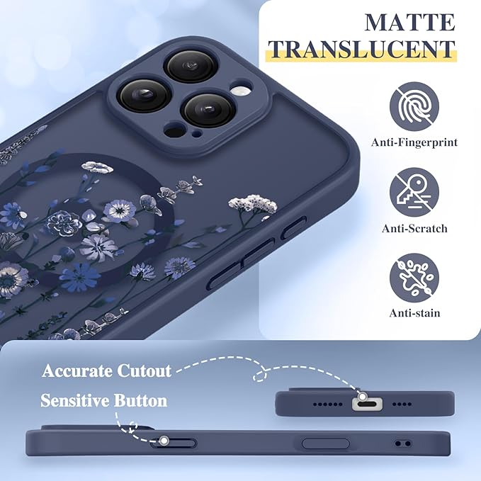 GVIEWIN for iPhone 16 Pro Case Compatible with MagSafe, [Military Grade Protection] [Screen Protector] Full Camera Protection Floral Translucent Women Magnetic Phone Case, Floratopia/Blue