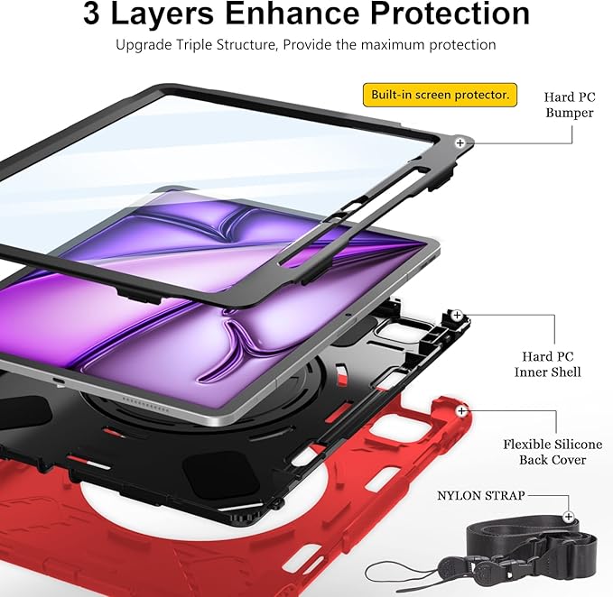 Case for iPad Air 13 Inch M4/M3/M2 (2026/2025/2024): Silicone Shockproof Case with Screen Protector - Stand - Handle - Shoulder Strap - Pen Holder- Red