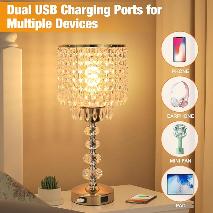 Crystal Table Bedside Lamp Touch Control, 3-Way Dimmable Small Nightstand Lamp with 2 USB Charging Ports, Decorative Gold Tabletop Lamp for Bedroom, Living Room and Guest Room