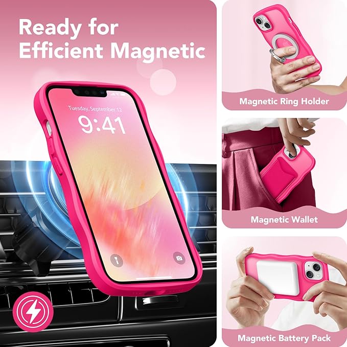 CAPRARO Cute for iPhone 13 Case & iPhone 14 Case, Compatible with MagSafe, [Curly Wave Edge] [Camera Protection] [14 FT Drop Protection] Magnetic for iPhone 13/14 6.1 Inch, Hot Pink