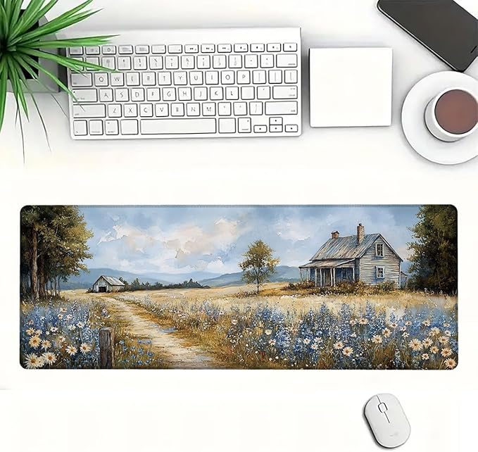 Farmhouse Extended Mouse Pad Wildflower Retro Grassland Blue Sky Mousepad XL Large Gaming Mouse Pad Laptop Keyboard Mat Desk Pad Daily Use with Keyboard and Laptop Devices 31.5x11.8 Inch