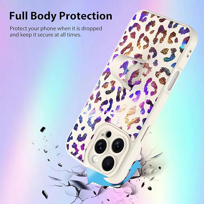KANGHAR Compatible with iPhone 16 Pro Max Case, Support for MagSafe, Silicone Cute Iridescent Leopard Cheetah Pattern, Wristband Kickstand Shockproof Protective Slim Cover for Women Girls, White