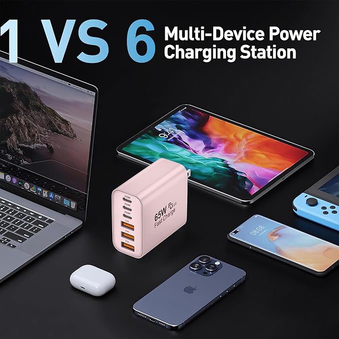USB C Charger Block,65W 6-Port USBC Charging Block,Wall Charger iPhone Charger Fast Charging,Multiport Type C PD+QC Power Plug for All iPhone 17 16 15 iPad Samsung S23 S24 iWatch Pixel Series (Pink)