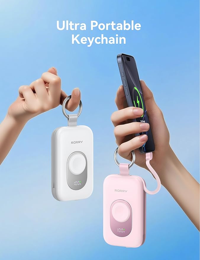 RORRY Portable Charger, 20000mAh PD 30W Portable Charger Power Bank with 2 Built-in Cables, Super Fast Charging Battery Pack with Keychain, Travel Essentials for iPhone, Apple Watch, iPad, White