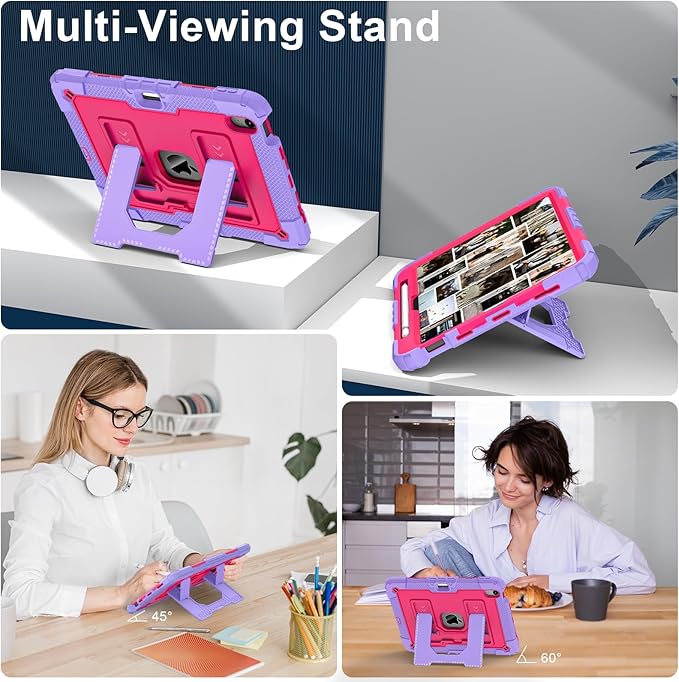 Kids Friendly Case for iPad Air 11 Inch M4 M3 M2 2026/2025/2024 Case with Pencil Holder & Shoulder Strap, Military Grade Shockproof Kickstand Hard Shell Protective Cover,Rose+Purple
