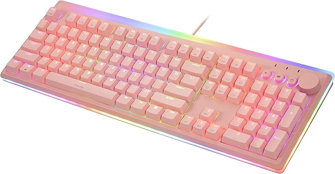 i-rocks K71M RGB Mechanical Gaming Keyboard with Media Control Knob, Switches (Blue), 107 Keys w/Full NKRO, PBT Keycaps, Multimedia Hotkeys, Detachable USB-C Cable and Onboard Storage, Pink