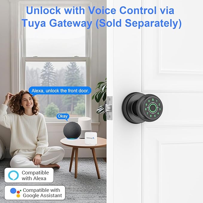 BIWIBON 5-in-1 Smart Door Knob, Fingerprint Door Knob with App Control, Smart Fingerprint Door Lock,Auto Lock, Ideal for Home, Bedroom, Office, Black