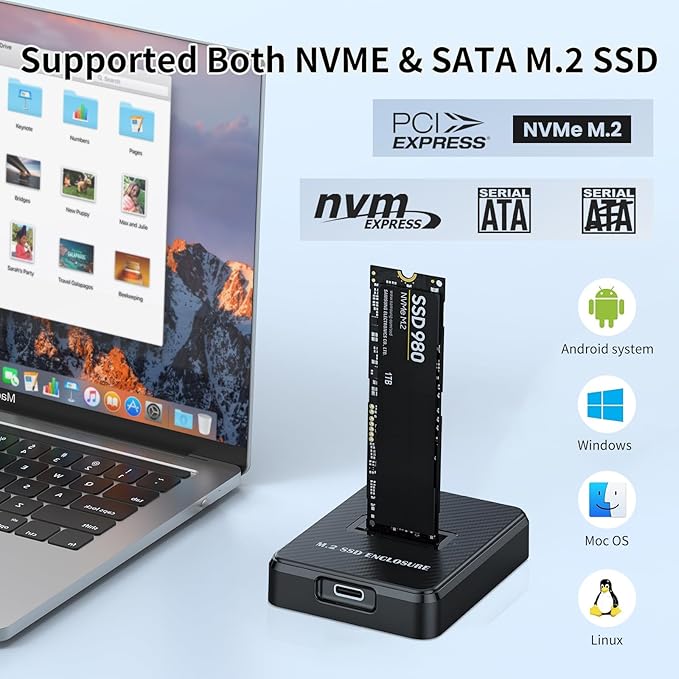 M.2 NVMe & SATA to USB Adapter - USB 3.2 Gen 2 10Gbps External SSD Enclosure, Aluminium Alloy Housing, Supports M.2 (M Key) NVMe & (B+M Key) SATA SSDs, Plug and Play External Storage Solution