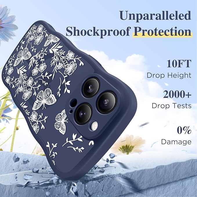 GVIEWIN for iPhone 15 Pro Case Compatible with MagSafe [Curly Wave Edge][Full Camera Protection] Floral Translucent Shockproof Magnetic Women Phone Case for iPhone 15 Pro 6.1'', Tuberose/Blue