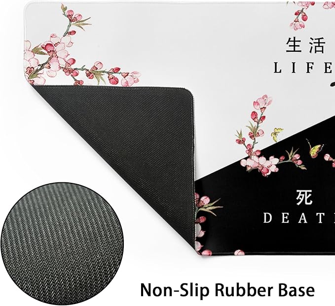 Black and White Cherry Blossom Gaming Mouse Pad XL，Extended Large Mouse Mat Desk Pad,Japanese Pink Sakura Death Life Long Non Slip Rubber Base Mice Pad 31.5 X 11.8 Inch