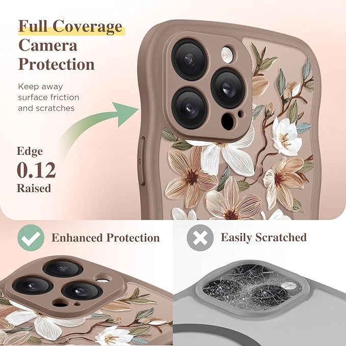 GVIEWIN for iPhone 14 Pro Max Case Compatible with MagSafe [Curly Wave Edge][Full Camera Protection] Floral Translucent Shockproof Magnetic Women Phone Case for 14 Pro Max, Dogwood/Brown