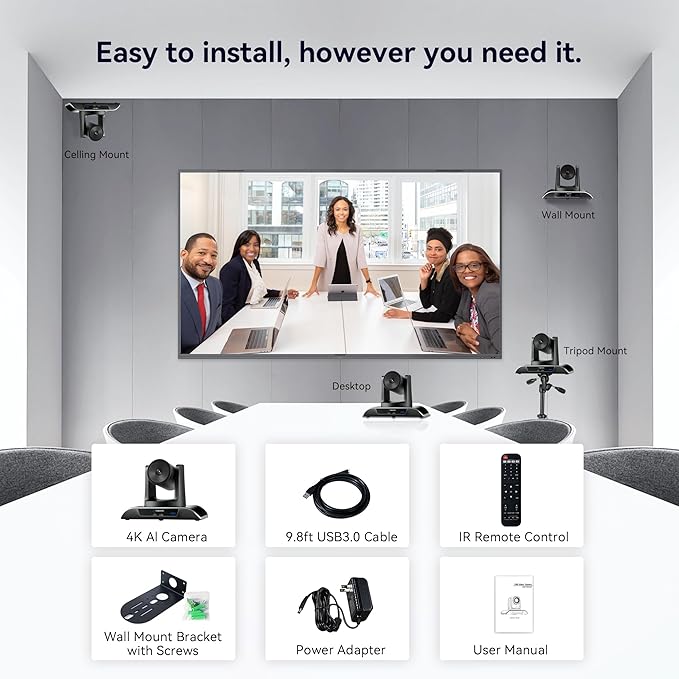 TONGVEO 4K PTZ Camera with AI-Powered Auto-Tracking 5X Digital Zoom USB 3.0 120-Degree Wide-Angle PTZ Webcam for Video Conference YouTube/Teams/Zoom Meeting Live Streaming