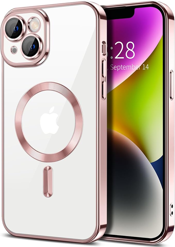 Hython Magnetic Clear for iPhone 14 Case with Camera Lens Protector [Compatible with MagSafe] Luxury Plating Edge Slim Soft TPU Cover Protective Phone Case for iPhone 14 6.1", Pink