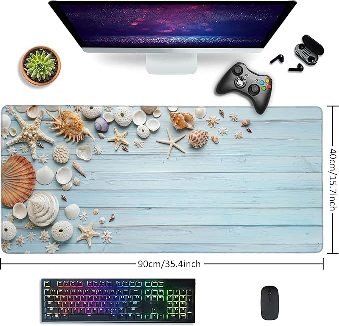 Shells on Blue Wood Large Mouse Pad Extended Gaming Mouse Pad Waterproof Desk Mat with Stitched Edge,Non Slip Base Keyboard Mouse pad for Home Office 35.4" X 15.7"