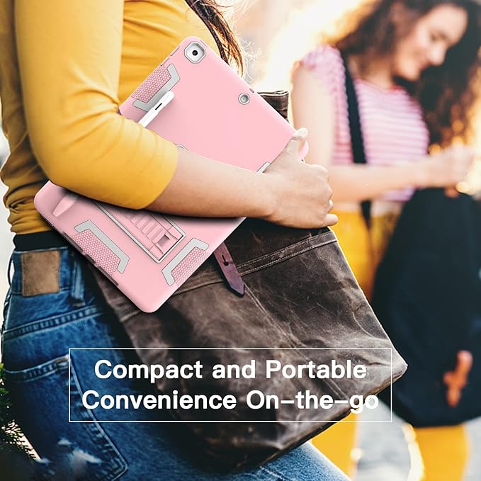 CCMAO Case for iPad 9th/8th/7th Gen, iPad 10.2 2021/2020/2019 with Kickstand & Pen Holder, Hybrid Heavy Duty Shockproof Protective Case, Rose Gold+Gray