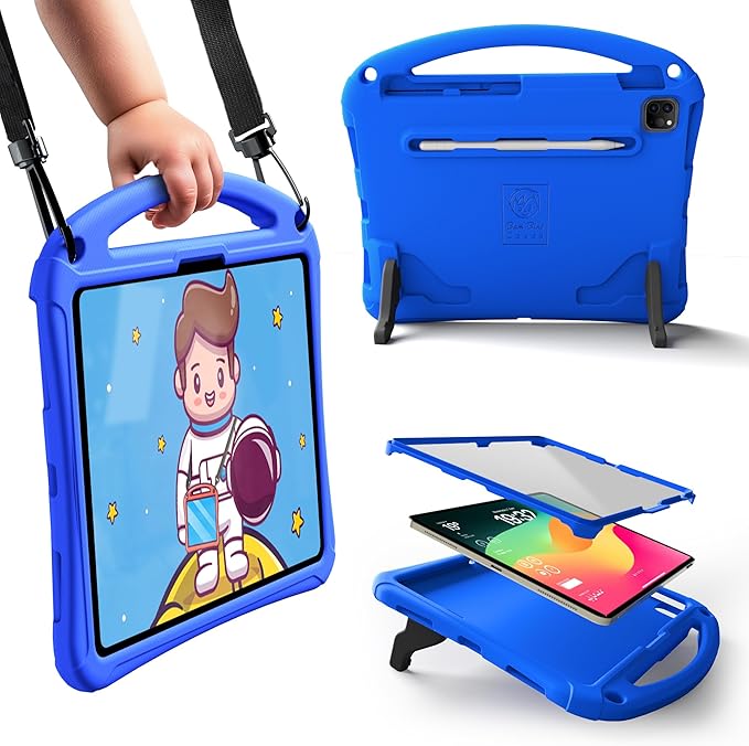 Bam Bino Space Suit, iPad Air 11 Inch Case Kids(M2/M3/M4), iPad Pro 11inch(M4/M5), iPad A16(11thGen), iPad 10thGeneration, Built-in Screen Protector, Handle, Kick Stand, Shoulder Strap (Galactic Blue)