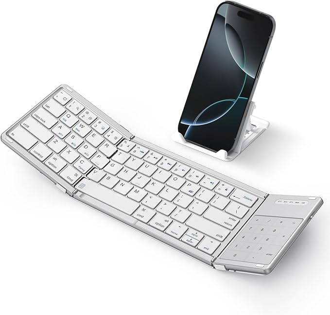 SODI Foldable Keyboard with Touchpad, Portable Wireless Keyboard for Mac with Stand Holder and PU Leather Cover, Rechargeable Pocket Folding Key Board for iPad, iPhone, Mac iOS Tablets & Laptop
