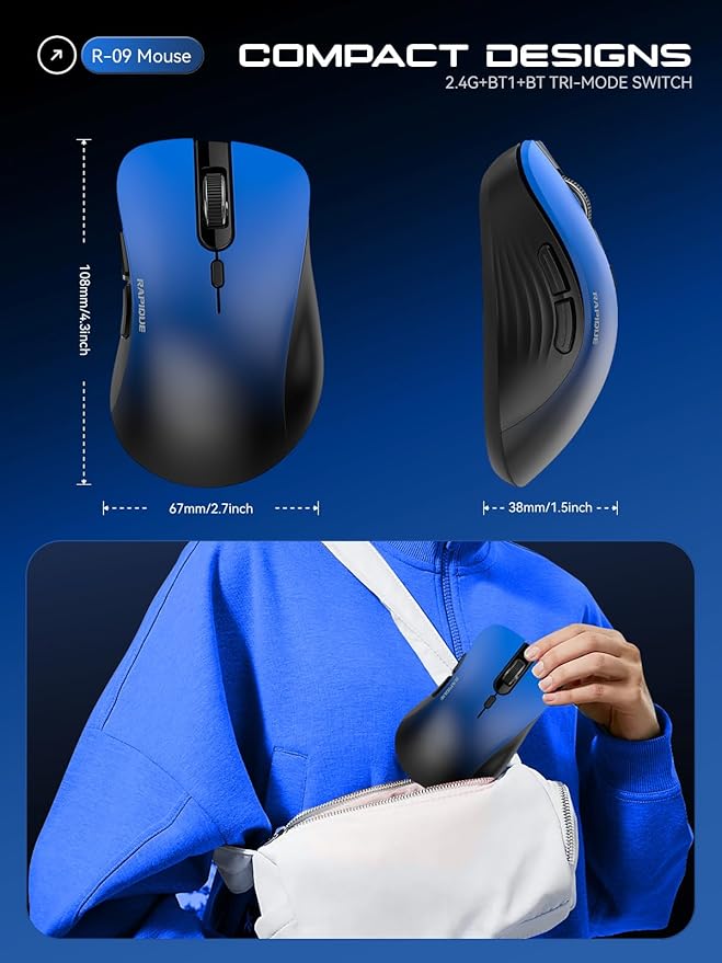 RAPIQUE Bluetooth Wireless Mouse - Dual Bluetooth & 2.4 GHz USB Receiver, Comfortable Grip, Quiet Clicks, Low Power - Multi-Device Compatibility for Laptop, MacBook, Computer, ipad(Gradient Blue)