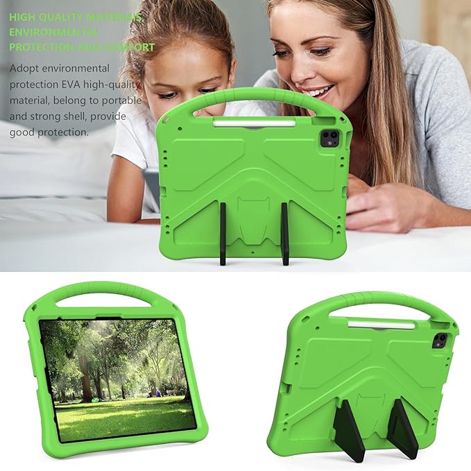 Kids Case for iPad Pro 13" M5 M4/Air 13" 2026 2025 2024, iPad Pro 12.9 2018-2022 Cover with Pencil Holder, Techcircle Lightweight Shockproof EVA Foam Handle Stand Anti-Slip Grip Rugged Case, Green