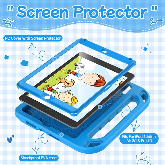 BMOUO Kids Case for iPad 6th/5th Generation (iPad 9.7-inch, 2017/2018), iPad 9.7/Air 2 Cas e with Screen Protector, Shockproof Handle Stand iPad 6th 5th Generation Case for Kids, Blue