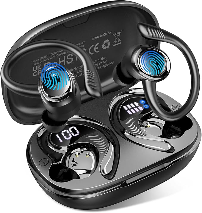 Hupoaf Wireless Earbuds Sport, NEW Bluetooth 5.4 Headphones with Earhooks, 50H Stereo Deep Bass Over Ear Buds with 4 ENC Noise Canceling Mics, IP7 Waterproof Earphones for Running Workout Gym -Black