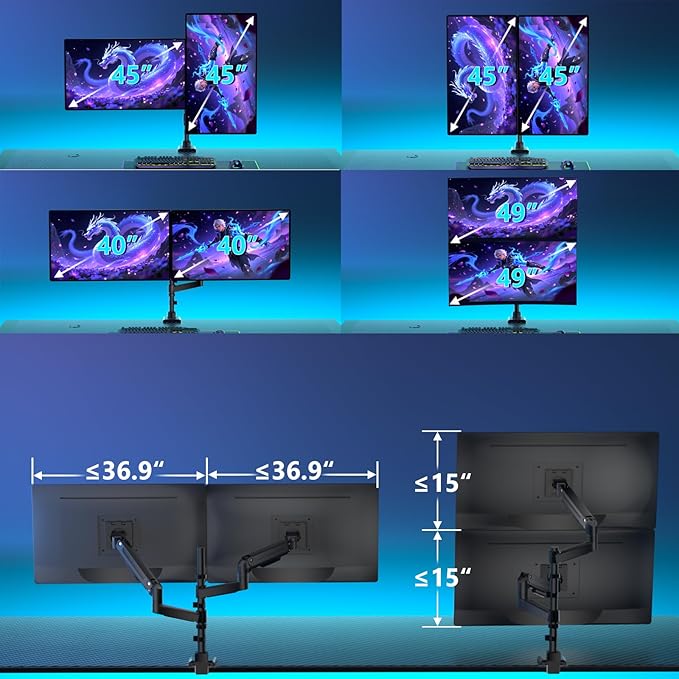 WALI Dual Monitor Mount for Ultrawide Heavy Duty Curved Monitor Stacking, Dual Monitor Arms Fits 13-49 Inch for Ultrawide Screens up to 44lbs, 49 inch Monitor Arm, Black