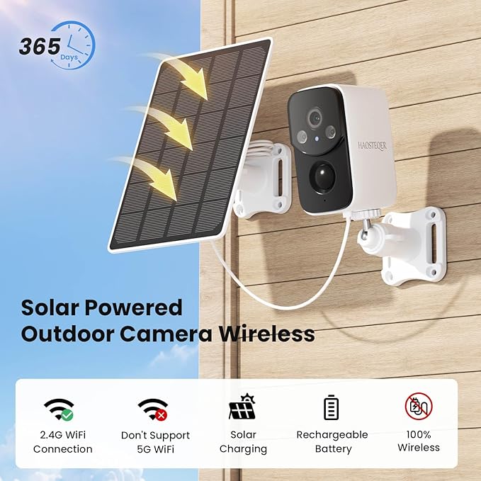 Solar Security Cameras Wireless Outdoor, WiFi Cameras for Home Security, Motion Detection, Instant Phone Notifications, Free Cloud Storage(Need Apply)/SD Storage, 2K Color Night Vision, IP66