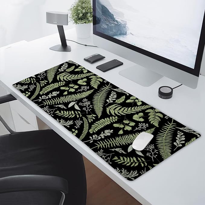 Black Green Plant Flowers Mouse Pad XXL Tropical Fern Botanical Leaves Extended Desk Mat 90X40cm Non-Slip Rubber Base Stitched Edge Large Mousepad for Gaming Laptop Computer Desktop 35.4×15.7 Inch