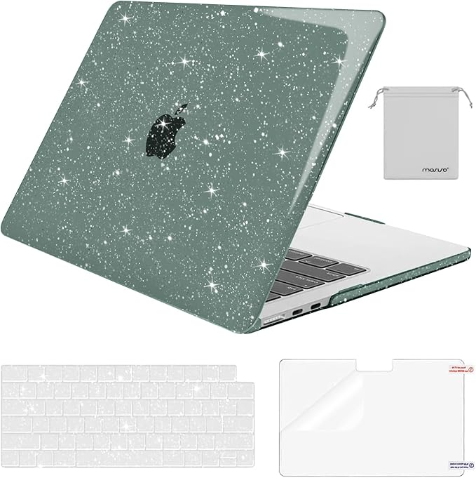 MOSISO Glitter Cover Compatible with MacBook Air 13 inch Case M5 2026 M4 2025 M3 M2 2024-2022 A3449 A3240 A3113 A2681, 4 in 1 Kit Bling Sparkly Hard Shell for MacBook Air 13.6 inch Case, Emerald Green