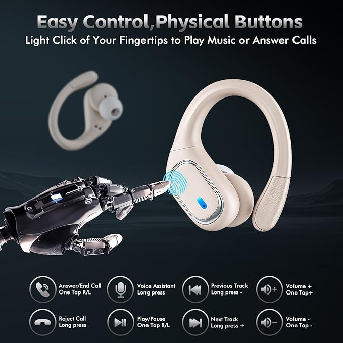 HAOYUYAN Wireless Earbuds, Sports Bluetooth Headphones, 80Hrs Playtime Ear Buds with LED Power Display, Noise Canceling Headset, IPX7 Waterproof Earphones for Workout/Running（Oatmeal White）