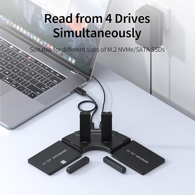 Alxum Dual M.2 NVMe & Dual SATA 4-Bay SSD Enclosure Reader, USB-C 10Gbps External Hard Drive Adapter Docking Station, PCIe 3.0 NVMe/SATA to USB Tool-Free for PC/Mac/Linux/Android