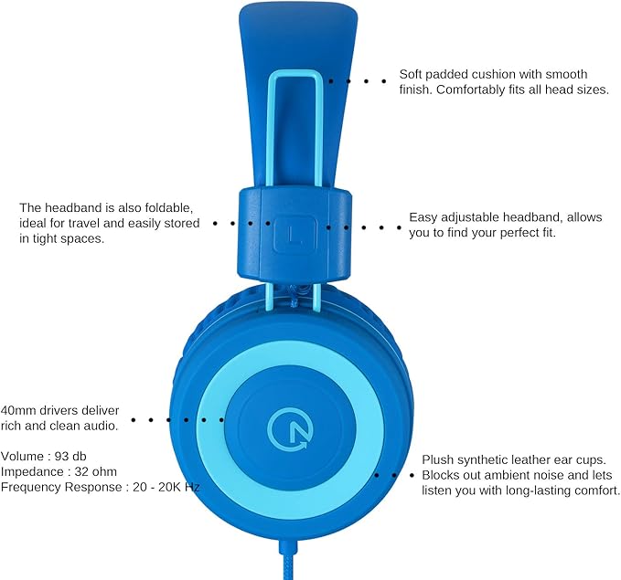 noot products Kids Headphones K11 Foldable Stereo Tangle-Free 5ft Long Cord 3.5mm Jack Plug in Wired On-Ear Headset for iPad/Amazon Kindle,Fire/Boy/Girl/School/Laptop/Tablet(Skyline Blue)