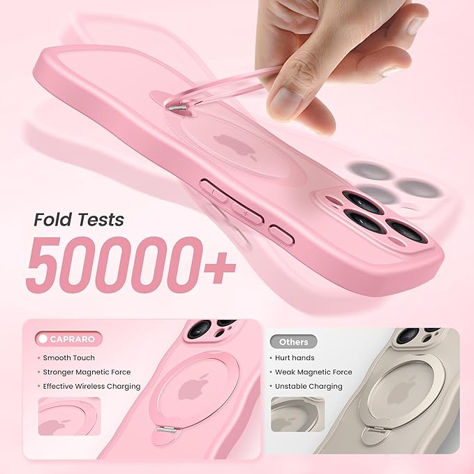 CAPRARO for iPhone 15 Pro Case with 360° Spin Magnetic Stand for Women, [Compatible with MagSafe] [Full Camera Protection] Cute Wave Translucent Matte Case for iPhone 15 Pro, Peach Pink