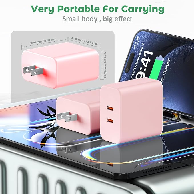 USB C Charger Block, 40W Dual Port Fast Charger 20W Type C Charging Block 3.1A USB Wall Charger Dual Port PD+QC Charging Cube for iPhone 15 16 14 13 12 11 Pro Max XS, iPad, Samsung Phone-Pink