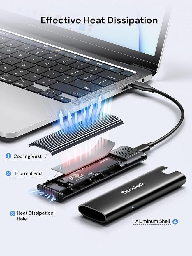 dockteck M.2 NVMe SATA SSD Enclosure Adapter, Tool-Free USB 3.2 Gen 2 10Gbps NVMe to USB Adapter for SSDs 2230/2242/2260/2280, External Solid State Drive Case Supports M-Key/B+M Key and UASP (Black)