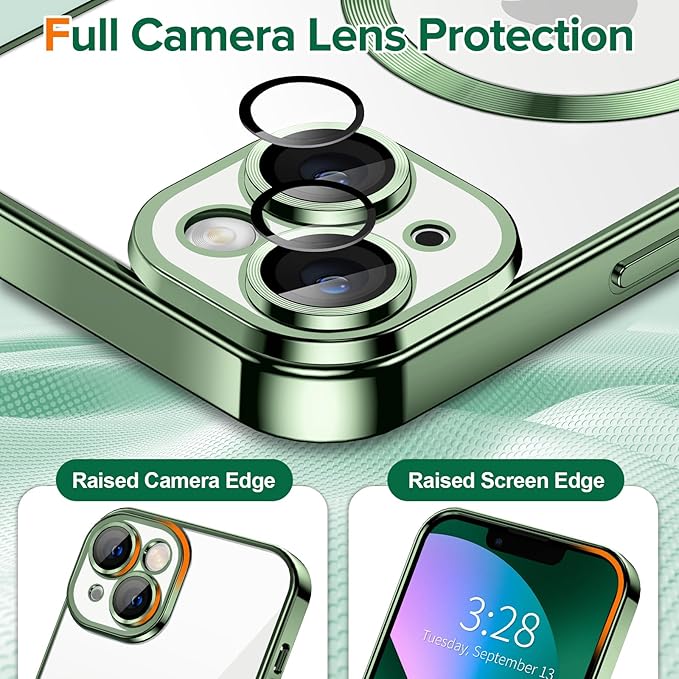 Hython Magnetic Clear for iPhone 13 Case with Camera Lens Protector [Compatible with MagSafe] Luxury Plating Edge Slim Soft TPU Cover Protective Phone Case for iPhone 13 6.1", Deep Green