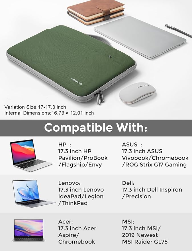 DOMISO 17.3 inch Laptop Case Sleeve Protective Cover Compatible with 17.3 inch HP Pavilion Envy 17/Lenovo IdeaPad/Acer/ASUS/Dell/Alienware/LG Gram,Water Resistant Computer Bag,Avocado Green
