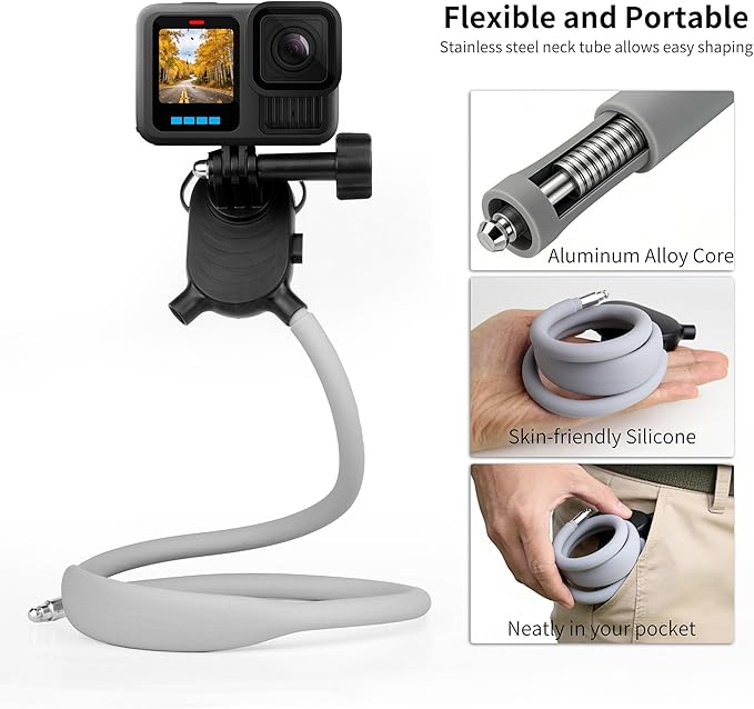 SOONSUN Flexible POV Neck Mount with Chest Strap, Hands-Free Bendable Camera Mount for GoPro Hero 13/12/11/10/9/8/7/6/5/4/MAX, DJI Osmo Action 6/5/4, Insta360, Cycling & Travel Vlog Shooting