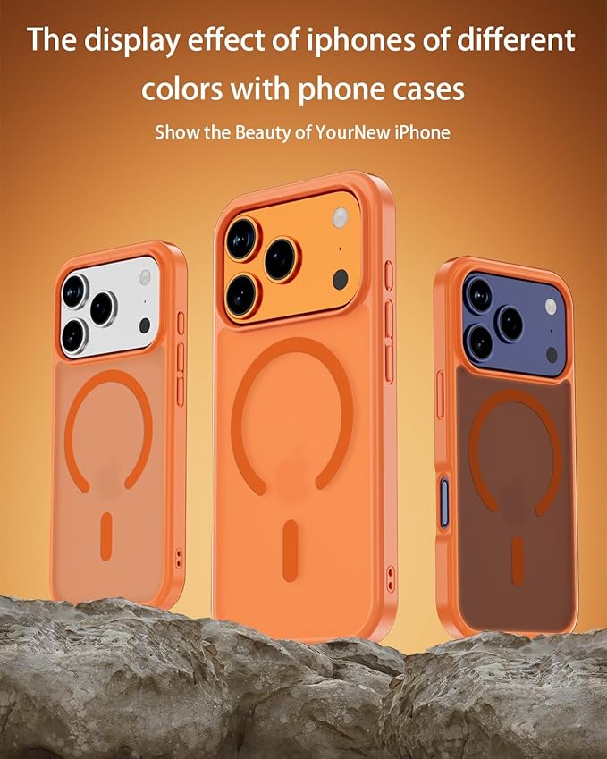 for iPhone 17 Pro Max Case Compatible with MagSafe,Includes Tempered Glass Screen & Lens Protectors,Matte Translucent Anti-Fingerprint,Military-Grade Shockproof Orange Cover