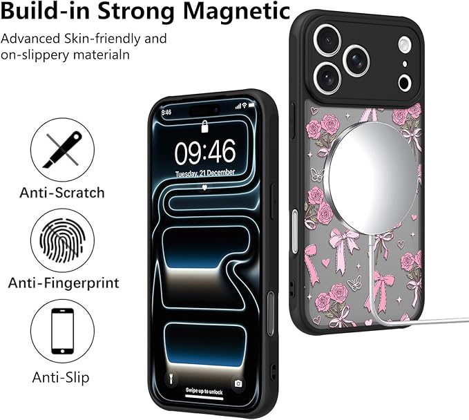 KANGHAR Case Compatible with iPhone 17 Pro Bows Bouquet Pattern [Compatible with Magsafe] Cute Flowers Florals Protective Magnetic Case for Girls Women Men