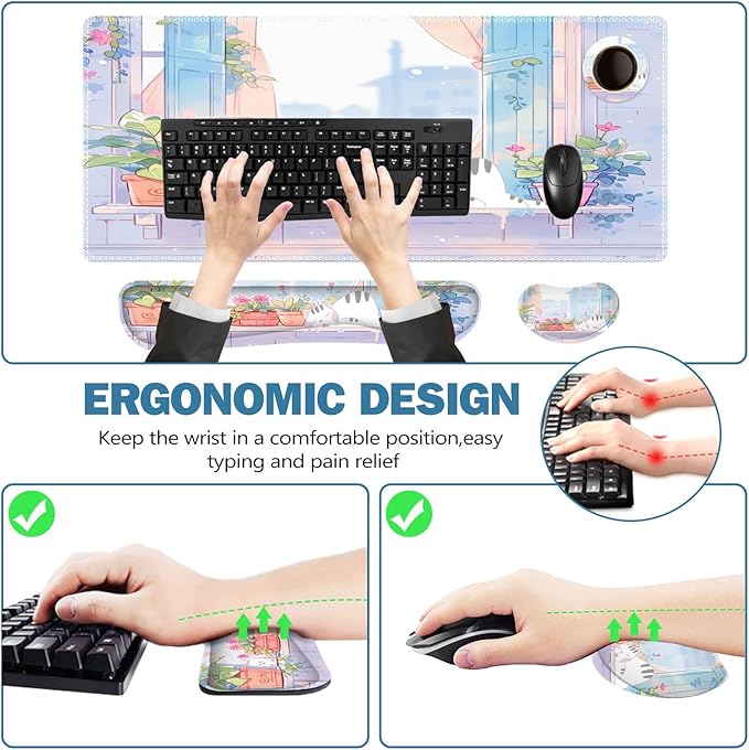 ToLuLu Extended Gaming Mouse Pad, Memory Foam Ergonomic Keyboard Mouse Wrist Rest Support Set, Large Desk Mat with Stitched Edges, Non-Slip Base Mousepad for Home Office and Game, Purple Cute Cat