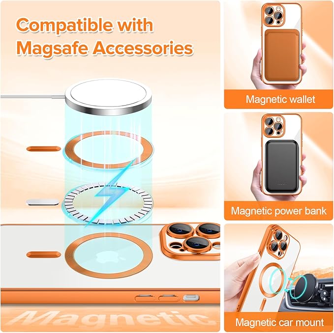 Hython Magnetic Clear for iPhone 12 Pro Max Case with Camera Lens Protector [Compatible with MagSafe] Plating Edge Slim Soft TPU Cover Protective Phone Case for iPhone 12 Pro Max 6.7", Matte Orange
